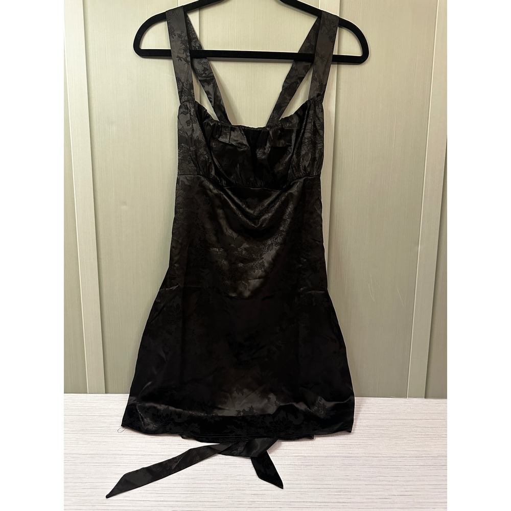 Lulus Black Satin Jacquard Mini Dress Floral Lace Up Back Ruched Bust Size M